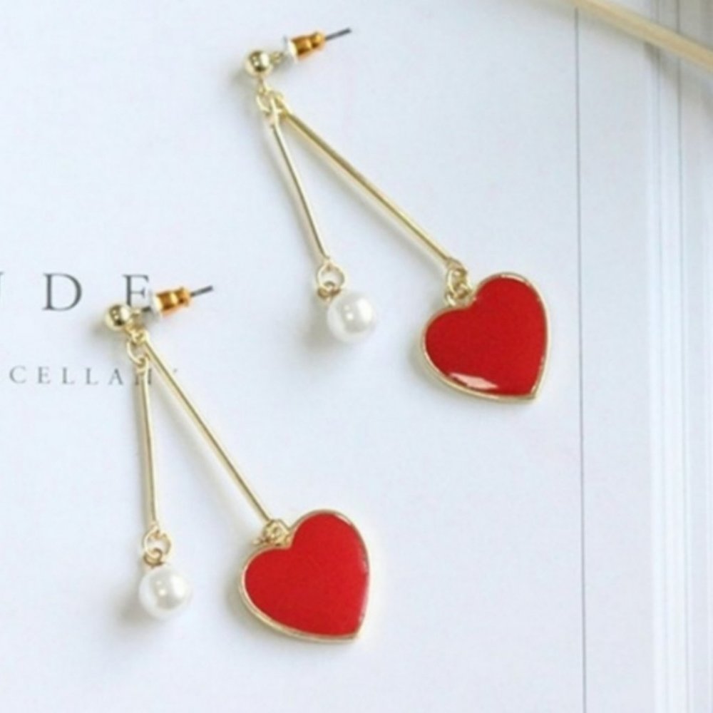 Gold Red Heart Pearl Long Dangle Earrings - Picture 1 of 6